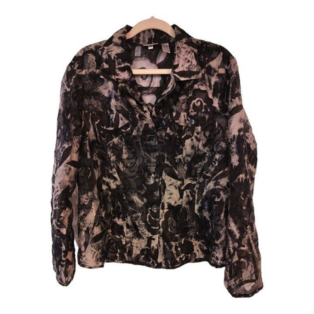 Chico's Sheer blouse floral boxy evening Top Black tan Button down Size 2 / L